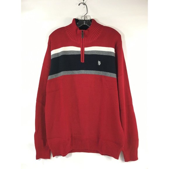 US Polo Assn. Quarter Zip Mock Neck Sweater Large Engine Red Stripe - Picture 4 of 10